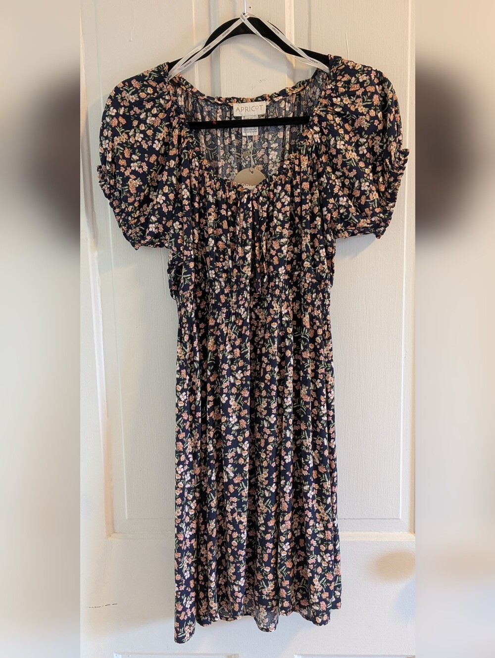 Women's APRICOT Navy Floral Midi Dress with Pink and Cream Blooms NWT